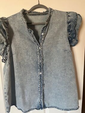 SHEIN Light Blue Washed Button-Down Ruffle Trim Top